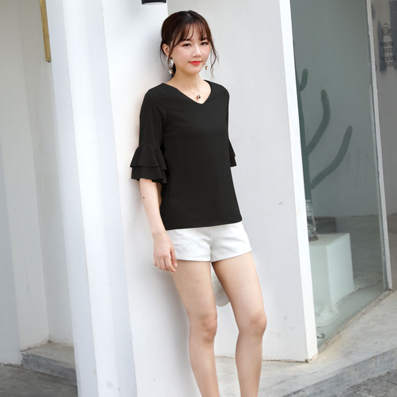 Naiste pluus Uus kevadsuvine mood Väike värske V-kaelusega nukk, lühikeste varrukatega, vabaaja šifoonist top Naiste topid pluus