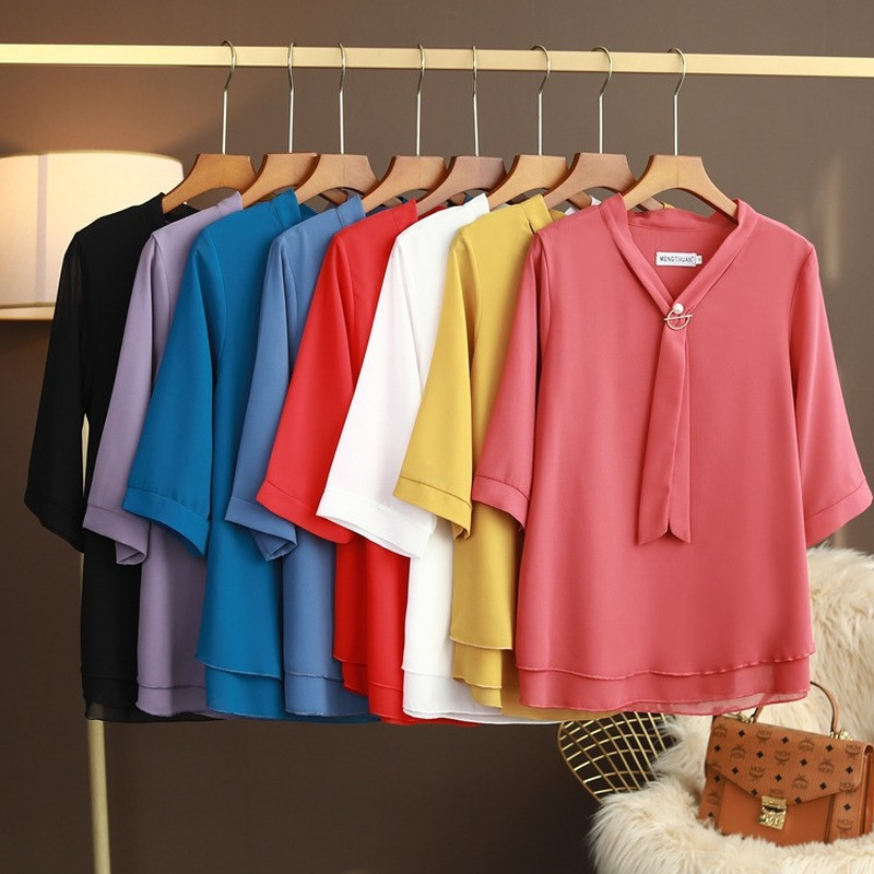 2023 Kuum uustulnuk Kevadsuvi veerandvarrukatega V šifoonist top Suures suuruses naiste riided Retro isikupära särk Enimmüüdud