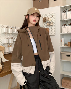 Hot Girl Kontrastna jakna s kapuljačom Ženska jesenska široka jakna s dugim rukavima Ležerni kaput sa stojećim ovratnikom Modna ženska odjeća