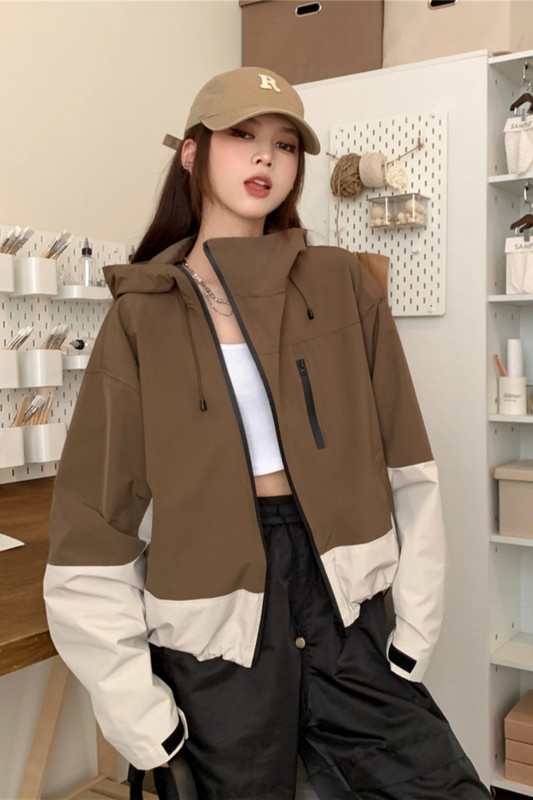Hot Girl Kontrastna jakna s kapuljačom Ženska jesenska široka jakna s dugim rukavima Ležerni kaput sa stojećim ovratnikom Modna ženska odjeća