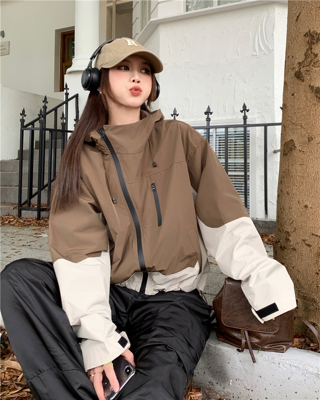 Hot Girl Kontrastna jakna s kapuljačom Ženska jesenska široka jakna s dugim rukavima Ležerni kaput sa stojećim ovratnikom Modna ženska odjeća