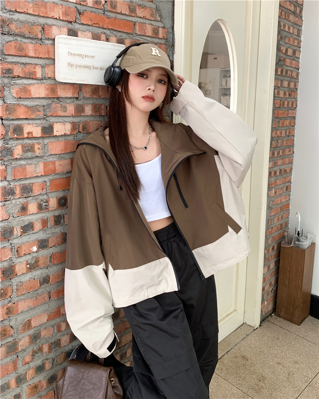 Hot Girl Kontrastna jakna s kapuljačom Ženska jesenska široka jakna s dugim rukavima Ležerni kaput sa stojećim ovratnikom Modna ženska odjeća