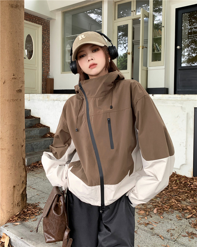 Hot Girl Kontrastna jakna s kapuljačom Ženska jesenska široka jakna s dugim rukavima Ležerni kaput sa stojećim ovratnikom Modna ženska odjeća