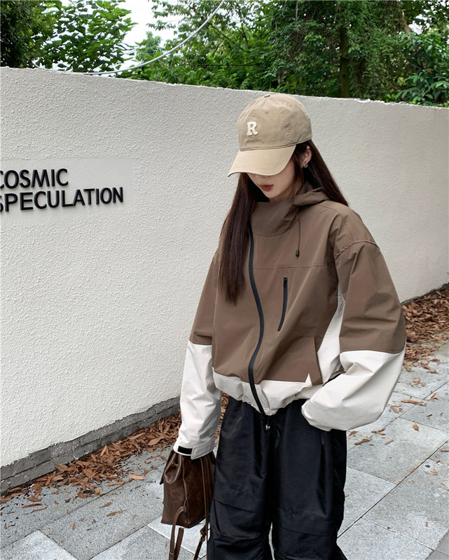 Hot Girl Kontrastna jakna s kapuljačom Ženska jesenska široka jakna s dugim rukavima Ležerni kaput sa stojećim ovratnikom Modna ženska odjeća