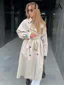 TRAFZA Φθινόπωρο Νέα Μόδα Γυναικεία Casual Μονόχρωμο Πέτο Αντιανεμικό Γυναικείο Vintage Κομψή ζώνη με μακρυμάνικο φαρδύ παλτό