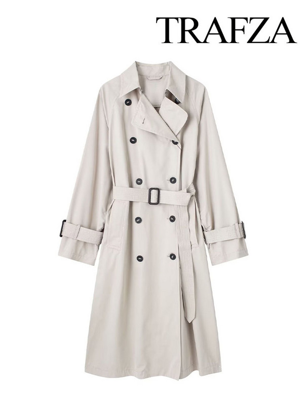TRAFZA Φθινόπωρο Νέα Μόδα Γυναικεία Casual Μονόχρωμο Πέτο Αντιανεμικό Γυναικείο Vintage Κομψή ζώνη με μακρυμάνικο φαρδύ παλτό