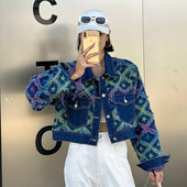 2023 m. korėjietiškos mados tinklinis džinsinis švarkas Rudens naujas laisvalaikio švarkas Universalus trumpas deimantinis languotas švarkas Top moteriški drabužiai