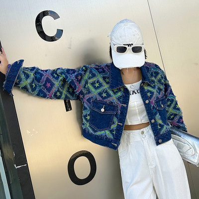 2023 m. korėjietiškos mados tinklinis džinsinis švarkas Rudens naujas laisvalaikio švarkas Universalus trumpas deimantinis languotas švarkas Top moteriški drabužiai