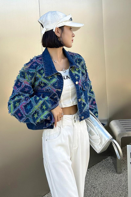 2023 m. korėjietiškos mados tinklinis džinsinis švarkas Rudens naujas laisvalaikio švarkas Universalus trumpas deimantinis languotas švarkas Top moteriški drabužiai