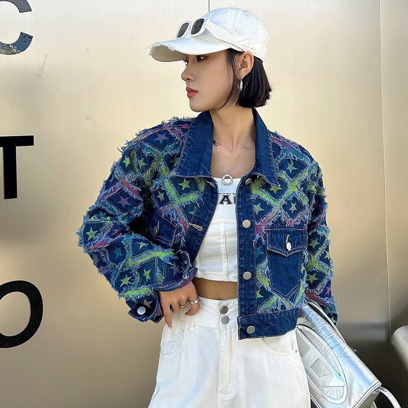 2023 m. korėjietiškos mados tinklinis džinsinis švarkas Rudens naujas laisvalaikio švarkas Universalus trumpas deimantinis languotas švarkas Top moteriški drabužiai