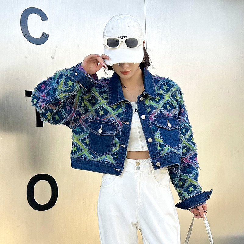 2023 m. korėjietiškos mados tinklinis džinsinis švarkas Rudens naujas laisvalaikio švarkas Universalus trumpas deimantinis languotas švarkas Top moteriški drabužiai