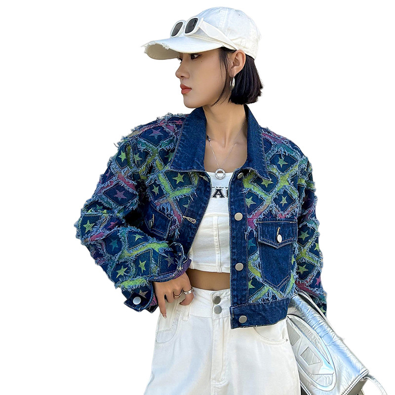 2023 m. korėjietiškos mados tinklinis džinsinis švarkas Rudens naujas laisvalaikio švarkas Universalus trumpas deimantinis languotas švarkas Top moteriški drabužiai
