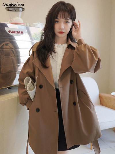 Trench Sievietēm pavasara korejiešu stila laternas piedurknes, divrindu modes Ulzzang biroja dāma, vintage pavasara ikdienas, taisni elegants