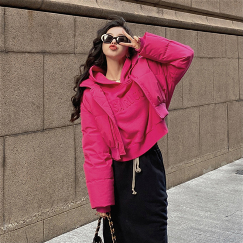 Ženska jednobojna podstavljena jakna s kapuljačom Deblji kaputi Topli kaputi s korejskom jesenskom slobodnom ružičastom gornjom odjećom Ženska 7927