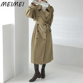 Χακί γυναικείο παλτό αντιανεμικό vintage γυριστό γιακά με διπλό στήθος μακριές καμπαρντίνες Lady Korean Trench Streetwear