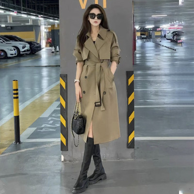 Χακί γυναικείο παλτό αντιανεμικό vintage γυριστό γιακά με διπλό στήθος μακριές καμπαρντίνες Lady Korean Trench Streetwear