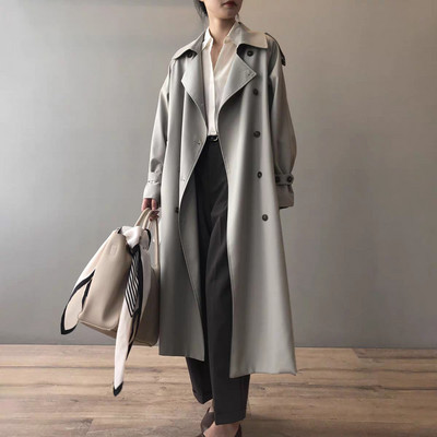 Χακί γυναικείο παλτό αντιανεμικό vintage γυριστό γιακά με διπλό στήθος μακριές καμπαρντίνες Lady Korean Trench Streetwear