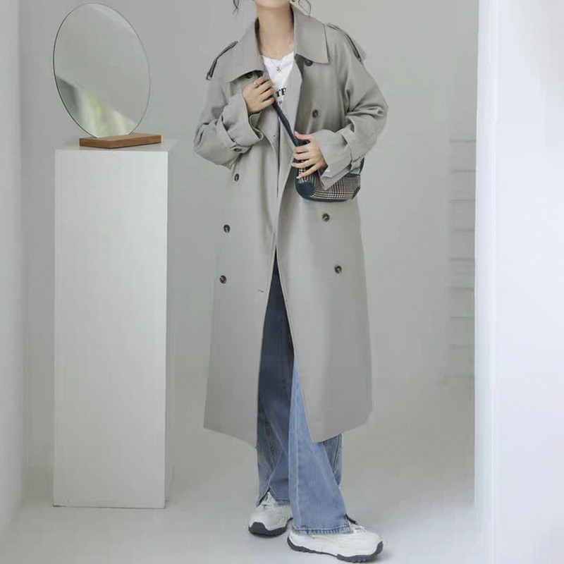 Χακί γυναικείο παλτό αντιανεμικό vintage γυριστό γιακά με διπλό στήθος μακριές καμπαρντίνες Lady Korean Trench Streetwear