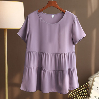 Καλοκαίρι 2023 Νέο κοντομάνικο γυναικείο πουκάμισο σιφόν με στρογγυλή λαιμόκοψη Φαρδύ και λεπτό καθημερινό πουκάμισο Γυναικεία ρούχα Μπλούζα πουκάμισο