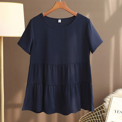 Καλοκαίρι 2023 Νέο κοντομάνικο γυναικείο πουκάμισο σιφόν με στρογγυλή λαιμόκοψη Φαρδύ και λεπτό καθημερινό πουκάμισο Γυναικεία ρούχα Μπλούζα πουκάμισο