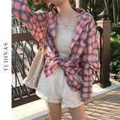 Yedinas Slatka karirana bluza košulja Ženska labava košulja dugih rukava Ženske korejske bluze i košulje Blusas velike veličine