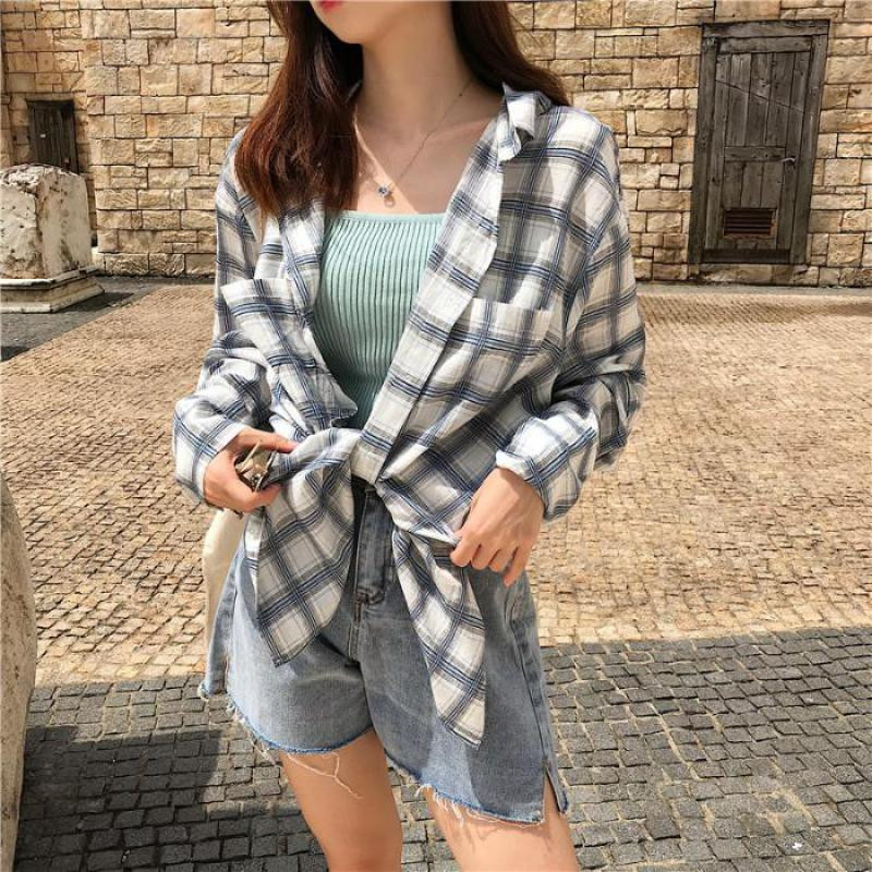 Yedinas Slatka karirana bluza košulja Ženska labava košulja dugih rukava Ženske korejske bluze i košulje Blusas velike veličine