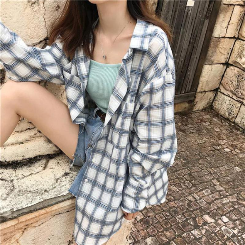 Yedinas Slatka karirana bluza košulja Ženska labava košulja dugih rukava Ženske korejske bluze i košulje Blusas velike veličine