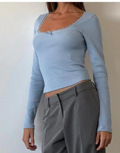 Μαύρη δαντέλα με μακρυμάνικο μπλουζάκι Casual Skinny Γυναικείο συνονθύλευμα τετράγωνο λαιμό λεπτή εφαρμογή Φθινοπωρινές βασικές μπλούζες Streetwear