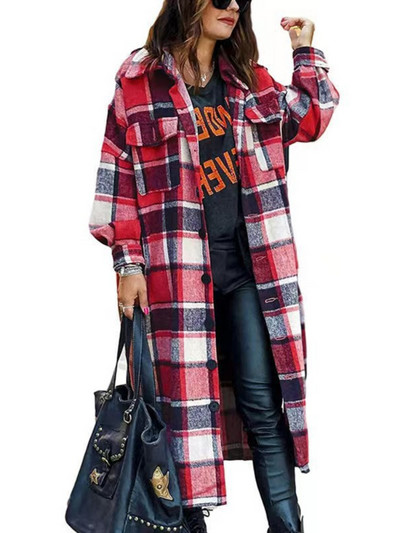 Trenč kaput za žene Jesen Novo u elegantnoj dugačkoj vjetrovki za putovanje na posao Široki karirani kaput s reverima i bočnim prorezom Modna ženska odjeća