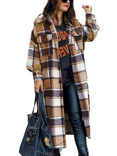 Trenč kaput za žene Jesen Novo u elegantnoj dugačkoj vjetrovki za putovanje na posao Široki karirani kaput s reverima i bočnim prorezom Modna ženska odjeća