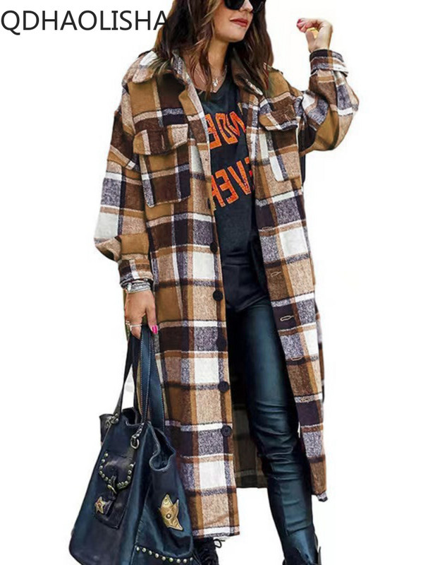 Trenč kaput za žene Jesen Novo u elegantnoj dugačkoj vjetrovki za putovanje na posao Široki karirani kaput s reverima i bočnim prorezom Modna ženska odjeća