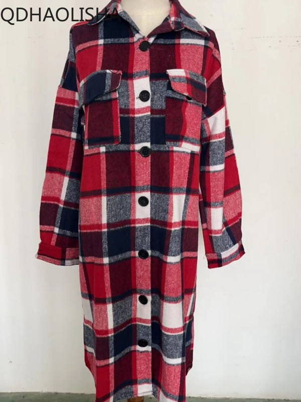 Trenč kaput za žene Jesen Novo u elegantnoj dugačkoj vjetrovki za putovanje na posao Široki karirani kaput s reverima i bočnim prorezom Modna ženska odjeća