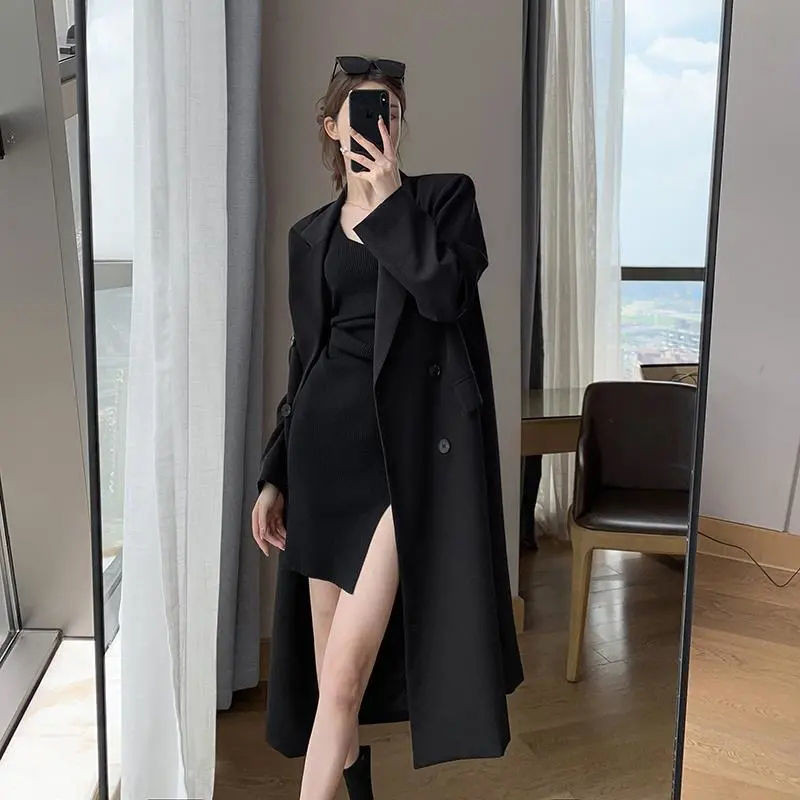 2022. Modni trenč kaput za žene s dvostrukim kopčanjem, duge crne vjetrovke