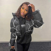 2023 Casual Stand γιακά με κουκούλα καπιτονέ παλτό για γυναίκες Μόδα Streetwear Μακρυμάνικο επίδεσμο με φερμουάρ Κοντός ζεστός πάρκα μαύρο