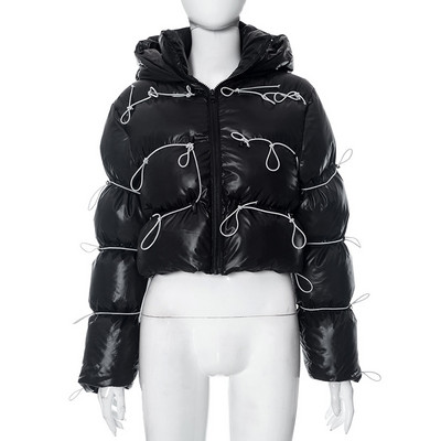 2023 Casual Stand γιακά με κουκούλα καπιτονέ παλτό για γυναίκες Μόδα Streetwear Μακρυμάνικο επίδεσμο με φερμουάρ Κοντός ζεστός πάρκα μαύρο