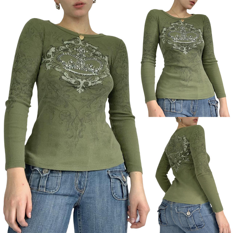 Esteetilise graafilise trükiga topp Y2K pikkade varrukatega grunge punk T-särgid 90ndate tüdrukute retro T-särgid Sügisesed tänavarõivad