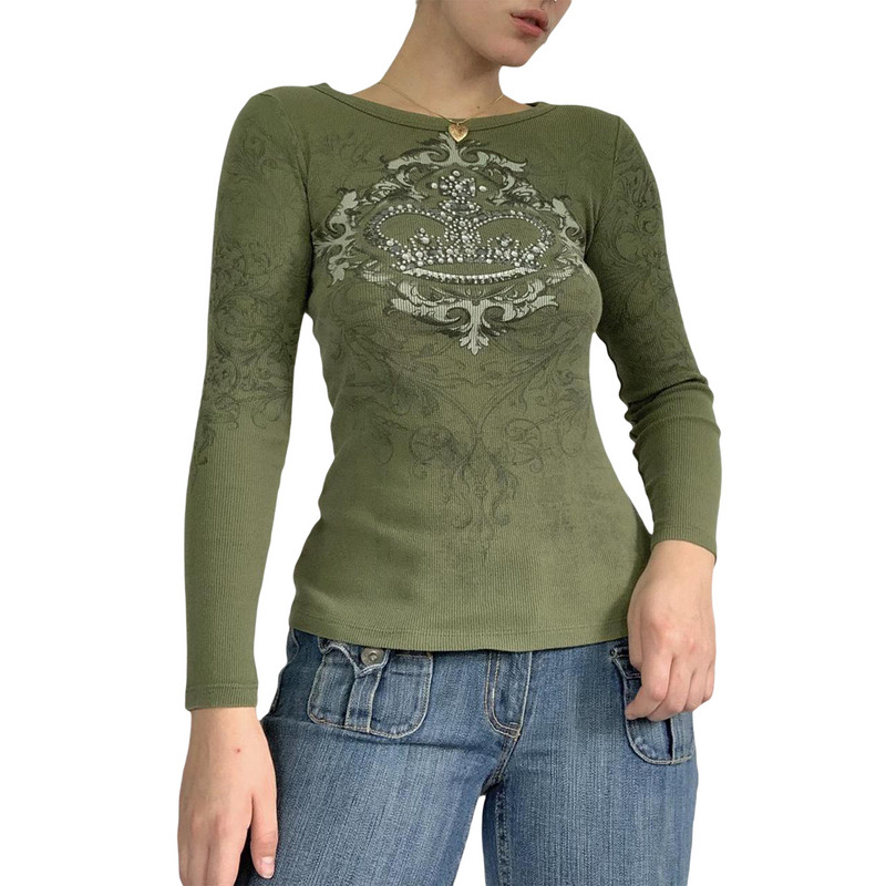 Esteetilise graafilise trükiga topp Y2K pikkade varrukatega grunge punk T-särgid 90ndate tüdrukute retro T-särgid Sügisesed tänavarõivad