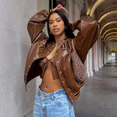 Μόδα Streetwear Γράμματα Κέντημα PU Δερμάτινα μπουφάν Bomber για γυναίκες Φθινόπωρο Χειμερινό ριγέ συνονθύλευμα Φαρδιά παλτό Y2K Μπλουζάκια