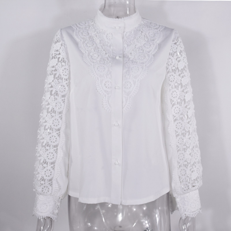 Naiste seksikas valge pitsiline lapiga õõnes särkpluus, pikkade varrukatega O-kaelusega võrktopsid 2023. aasta kevadprindiga, elegantse nööbiga Blusas Muj