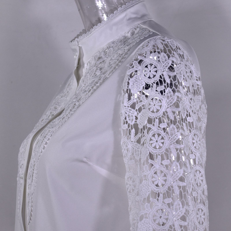 Naiste seksikas valge pitsiline lapiga õõnes särkpluus, pikkade varrukatega O-kaelusega võrktopsid 2023. aasta kevadprindiga, elegantse nööbiga Blusas Muj