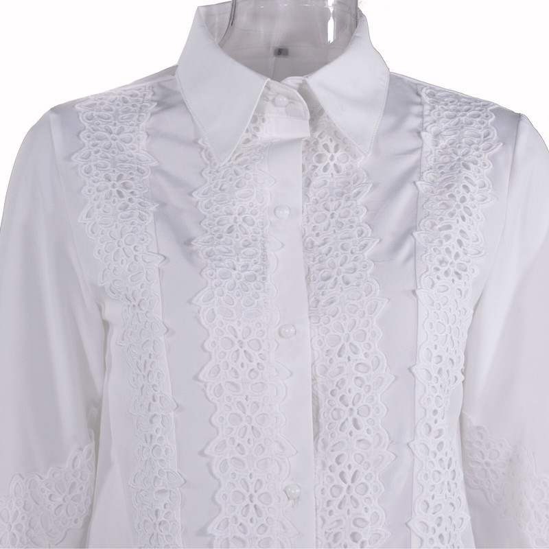 Naiste seksikas valge pitsiline lapiga õõnes särkpluus, pikkade varrukatega O-kaelusega võrktopsid 2023. aasta kevadprindiga, elegantse nööbiga Blusas Muj