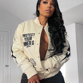 Μόδα 2023 Φθινόπωρο χειμερινό γράμμα με στάμπα Bomber Jackets Γυναικείο γιακά Μονό παλτό Y2K Γυναικεία μπλουζάκια Streetwear