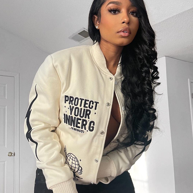 Μόδα 2023 Φθινόπωρο χειμερινό γράμμα με στάμπα Bomber Jackets Γυναικείο γιακά Μονό παλτό Y2K Γυναικεία μπλουζάκια Streetwear