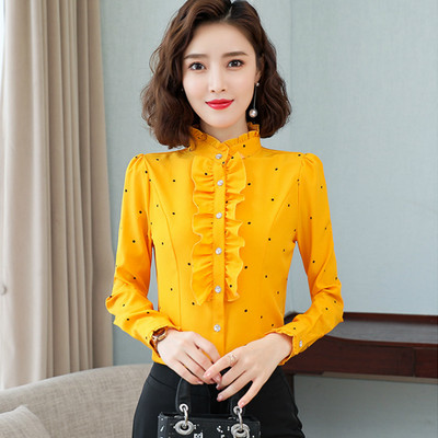 2021 Φθινοπωρινά μακρυμάνικα βολάν Λευκές μπλούζες και πουκάμισα για γυναίκες Γυναικεία μπλούζα γραφείου Γυναικεία μπλούζα σιφόν