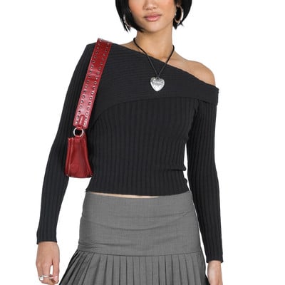 Γυναικείο πλεκτό πουλόβερ μονόχρωμο λοξό με μακριά ώμους μακρυμάνικο πουλόβερ άνοιξη Φθινόπωρο Slim Fit πουλόβερ Μπλούζες Streetwear