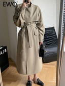EWQ Κομψή σχεδίαση με κορδόνια Μακριά τάφρο για γυναίκες Μασίφ γυναικείο παλτό με πέτο ματισμένο απλότητα 2023 Φθινόπωρο Νέα Ρούχα 26D4666
