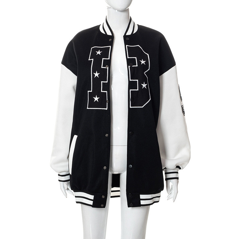 Jesen 2023. Ženska samostojeća ovratnica s dugim rukavima i slovima Bomber jakna Y2K jednoredna crna sveučilišna jakna