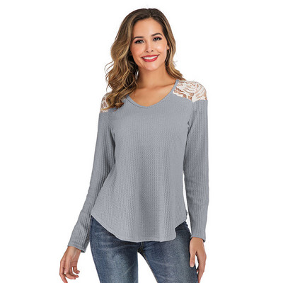 Γυναικεία πουκάμισα Άνοιξη φθινόπωρο Casual δαντέλα συνονθύλευμα μακρυμάνικο Basic κλασικό γυναικείο βελονάκι γυναικεία μπλουζάκια