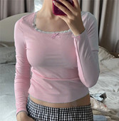 Y2K Fairy Kawaii Cute Basic Tees Γυναικεία μακρυμάνικα κορεάτικα μπλουζάκια με δαντέλα