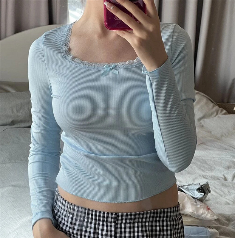 Y2K Fairy Kawaii Cute Basic Tees Γυναικεία μακρυμάνικα κορεάτικα μπλουζάκια με δαντέλα